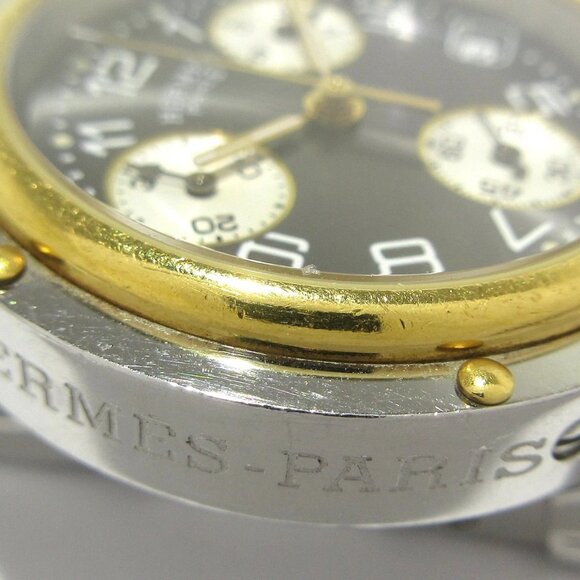 Auth HERMES Clipper Chronograph CL1.320 1****** Silver Gold Unisex Wrist Watch - Picture 5 of 12